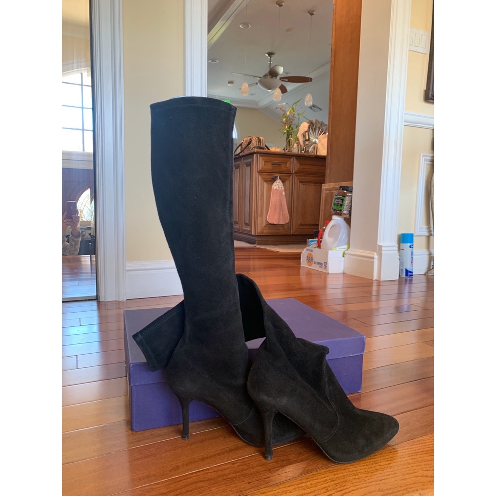 Stuart Weiztman Black Suede Stiletto Knee High Boots